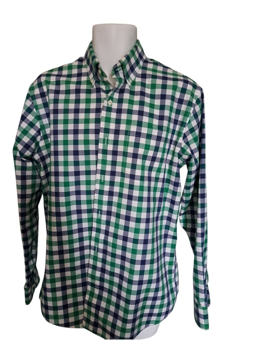 LANDS' END check shirt Plaid button down blue green crisp no iron twill cotton M